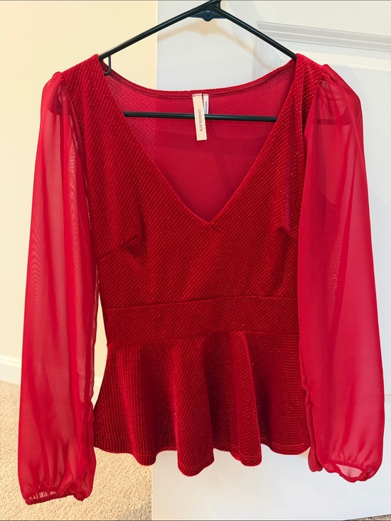 Chocolate Tops - Chocolate Red V-Neck Peplum Blouse with Sheer Sleeves
